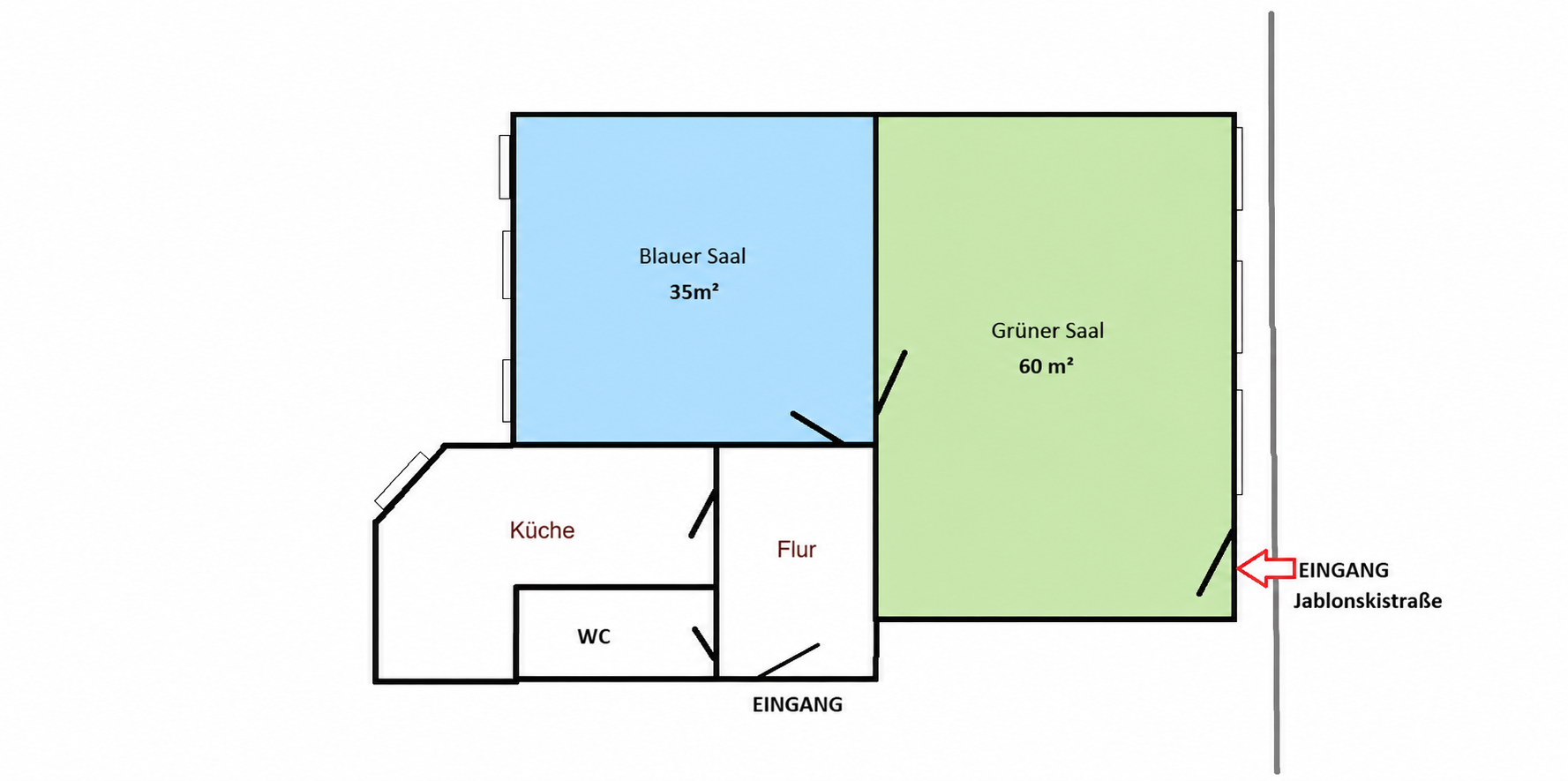 Grundriss Studio Jablonski: Grüner Saal (60 m²) und Blauer Saal (35 m²) mit Küche, Flur und WC, Berlin Prenzlauer Berg